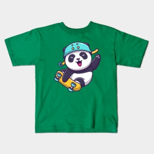 Cute Panda Playing Skateboard Cartoon Kids T-Shirt